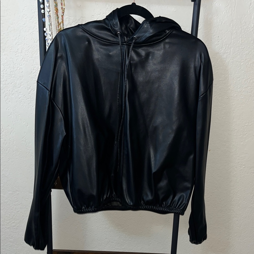 Fabletics Black Leather Hooded Jacket